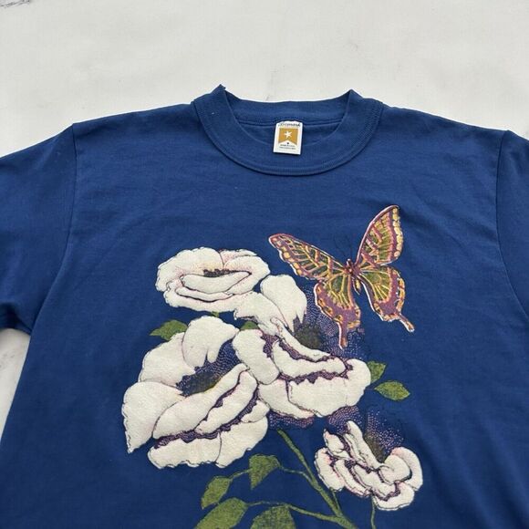 Bomark Womens Vintage 80s Graphic Tee Size M Blue Floral Butterfly Crewneck - Picture 2 of 12